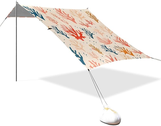 Sea Corals on A Beige Background Camping Sun Shelter Beach Tent Portable Beach Sun Shade Outdoor Canopy for Camping Trips Fishing Picnic