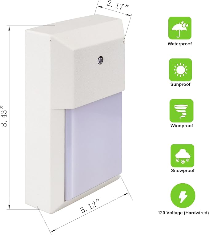 LIT-PaTH Dusk to Dawn Outdoor Sconce Wall Light LED Wall Lantern 5000K Porch Lighting Fixture 12W 1000 Lumens Aluminum Housing Plus PC White Finish 1-Pack