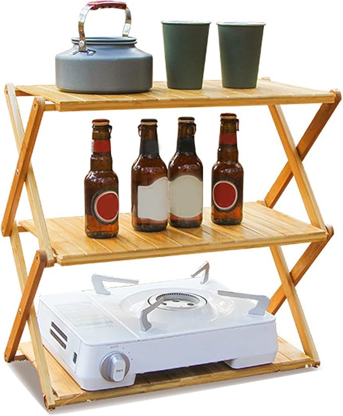 Wood Rack Portable Strong Bearing Capacity Folding Wooden Shelf for Outdoor Picnic 3 Layer Down Into Lightweigh Wood RackFolding Wooden ShelfCamping Portable Folding ShelfFolding (3 Layers)