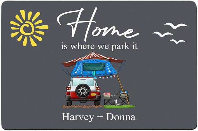 Personalized Home is Where We Park It Doormat Camping - Custom Family Name Camping Door Mat RV Accessories for Inside Outside Campsite Decorations for Travel Trailers Decorative Gift Motorhome Rugs