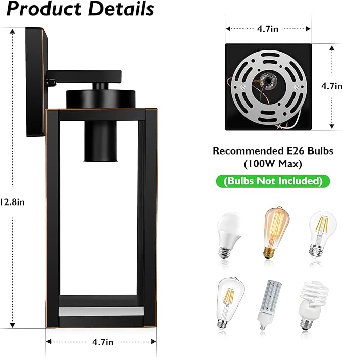 BesLowe Outdoor Wall Light Fixtures Exterior Waterproof Wall Lanterns Porch Sconces Wall Mounted Lighting with Glass Shades Modern Wall Lamps for Garage Front Door Entryway Black with Gold Trim