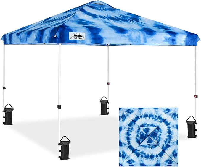 EAGLE PEAK Pop Up Canopy Tent with Wheeled Carry Bag 8 Stakes 4 Ropes 4 Weight Bags Easy Set Up Tent Canopy 10x10 ft 100sqft of Shade Tie Dye Blue
