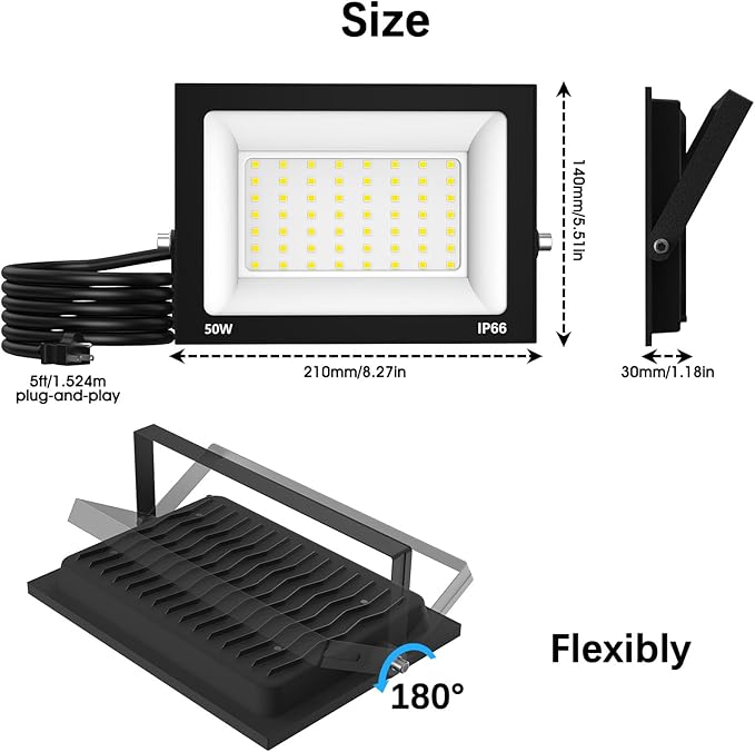 50W Flood Light Outdoor: 2 Pack 5000LM Bright LED Plug-in Flood Light IP66 Waterproof 100-265V 6500K Daylight White Plug-and-Play Heat Dissipation Ideal for Yard Garage Stadium