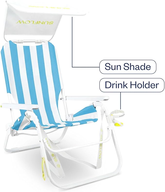 SUNFLOW Shore Thing Premium Beach Chair - Adjustable Portable Rust-Resistant Reclining Beach Chair with UPF 50+ Sun Shade and Drink Holder for The Ultimate in Comfort (Sky Blue Stripe)
