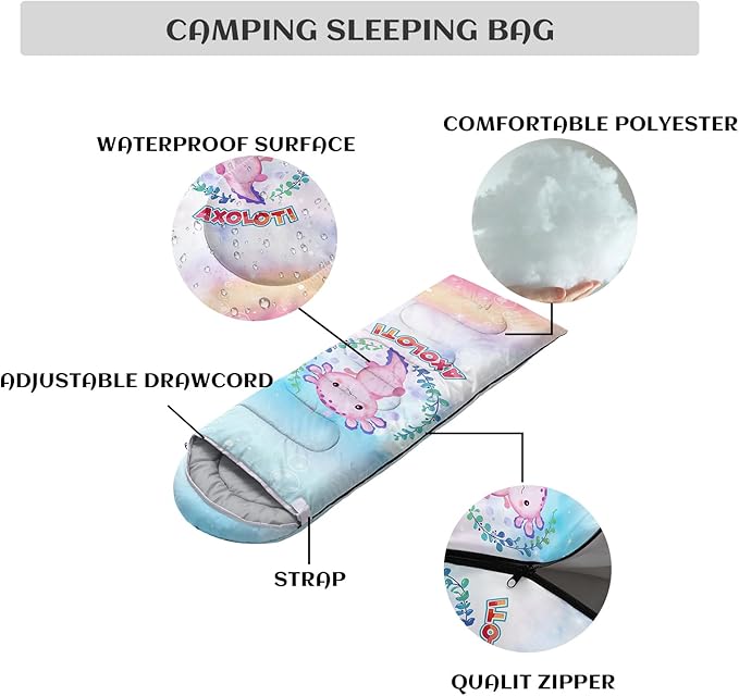 Sleeping Bags for Adults Youth Kids3D Printing Camping Sleeping Bag for Girls Boys Lightweight Waterproof Cold/Warm Weather Sleeping Bag for 3 Seasons