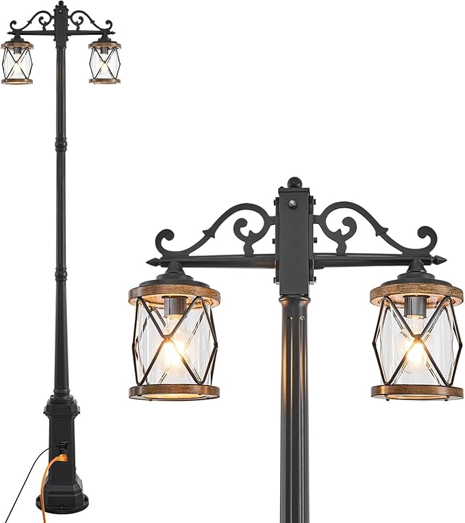 Dusk to Dawn Outdoor Lamp Post Lights with GFCI OutletDouble-Head Farmhouse Street Light FixtureAluminum Black Pole Exterior Lights Waterproof Lantern Outdoor Lighting (Heighten)