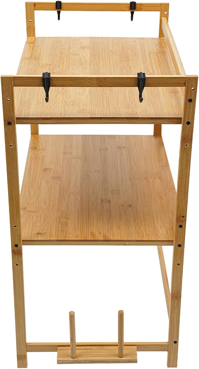 2 Tier Bamboo Kitchen Countertop Microwave Shelf with 4 HooksAdjustable Spice RackKitchen Counter Storage ShelfWood Color