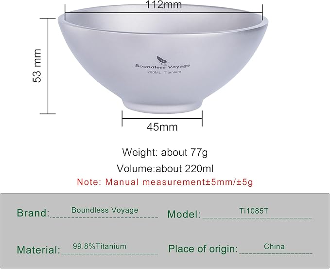 Boundless Voyage 220ml Titanium Double Walled Food Bowl for Adult Children Ultralight Portable Soup Rice Bowl Outdoor Camping Metal Durable Tableware Ti1085T