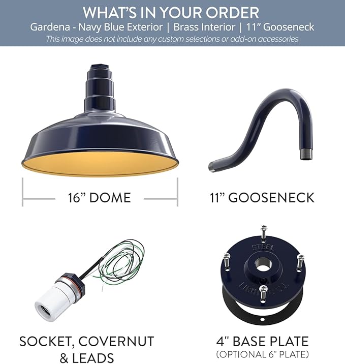 Steel Lighting Co. | Dusk to Dawn | Gardena Barn Light | Outdoor Wall Mounted | 16 Dome | 11 Gooseneck | Farmhouse Light Made in America | Navy Blue/Brass
