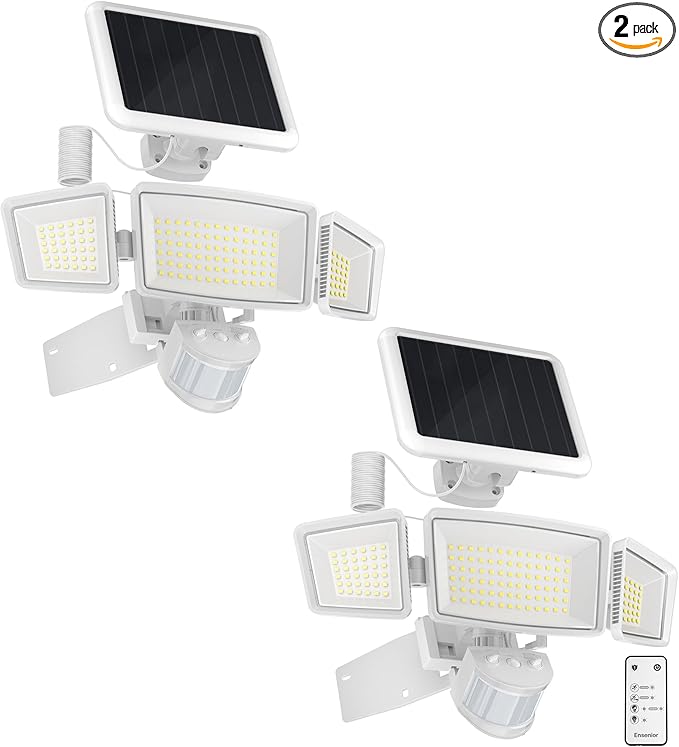 Ensenior Solar Security Lights Wide Beam Flood Light 6500K Super Bright for Driveway Backyard Garden Remote Control Motion Lights Weather-Resistant Exterior Lighting 1800LM Lumen White 2-Pack