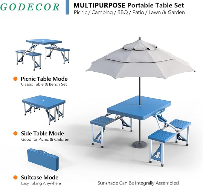 4Ft Folding Camping Picnic Table with 4 Chairs with Umbrella Hole Lightweight Suitcase Card Table-220 Lbs Support Aluminum Frame Plastic RV Tabletop for Outdoor Party Beach and Backyard