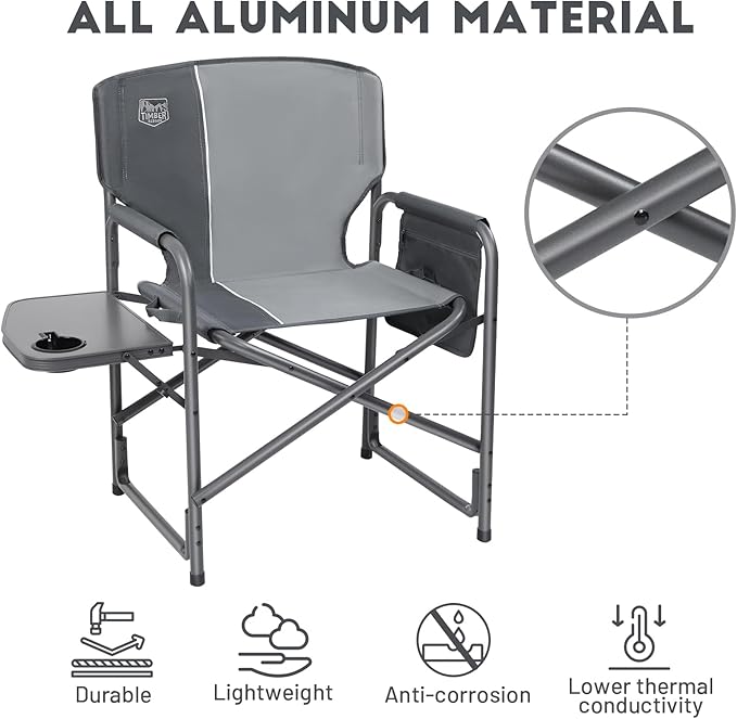 TIMBER RIDGE Lightweight Oversized Camping Chair Aluminum Directors Chair with Side Table for Outdoor Camping Lawn Picnic and Fishing Supports 400lbs Gray 2PCS