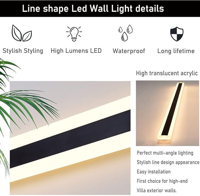 2Pack 47.2INCH Long Outdoor LED Wall Lights38W Waterproof IP65 Warm White led Wall Light Rectangular Black Wall Lightled Porch Lights Outdoor Wall Elegant Frosted White Acrylic Anti Rust