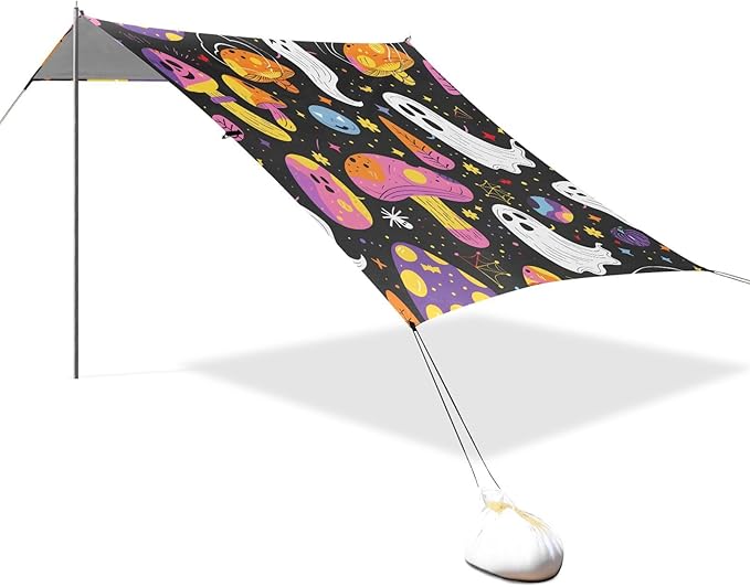 ALAZA Halloween Ghosts Mushrooms Beach Tent Sun Shelter UPF50+ Protection Beach Shade Canopy w/ 4 Sandbags for Outdoor Camping Fishing Backyard Fun Picnic 10x9 ft