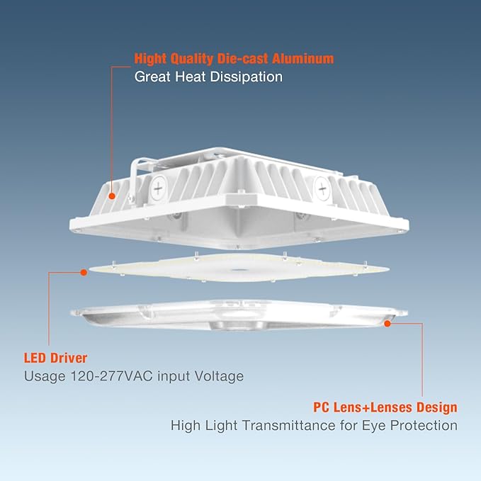 LED Canopy Light 100W10x10 Outdoor Gas Station Light with Selectable Wattage (100/80/60W/40W) and CCT (5000/4000/3000K) 1-10V DimmableCanopy Lights for Garage Barn ETC&ampDLC Listed