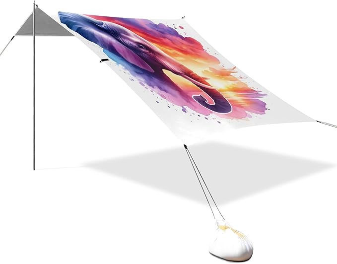 ALAZA Elephant Portrait Sunset Watercolor Beach Tent Sun Shelter UPF50+ Protection Beach Shade Canopy w/ 4 Sandbags for Outdoor Camping Fishing Backyard Fun Picnic 10x9 ft