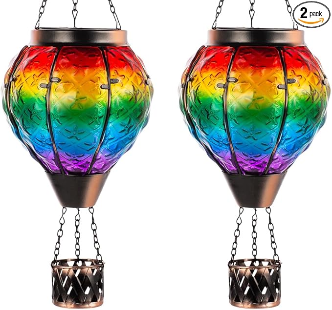 DREAMSOUL 2 PCS Rainbow Solar Hot Air Balloon Lantern with Flame Metal &amp Glass Solar Lanterns Outdoor Waterproof for Lawn Patio Tree Decor