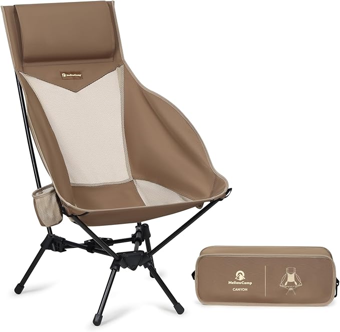 MellowCamp High Back Camping Chair Oversized Comfort Design Collapsible Camp Chair with Pillow (Brown)