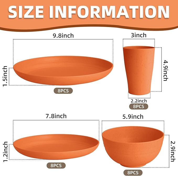 Orange Plastic Dishes Set for 8 includes Dinner PlatesPasta BowlsSoup Bowls and Drinking CupsUnbreakable Orange Plastic Plates Set Microwave Dishwasher Safe For Thanksgiving Dinnerware Sets32PCS