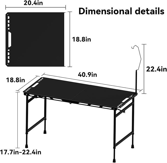 3.4 Ft Folding Camping Table - 12 lb Lightweight Portable Picnic Table with Adjustable Height &amp Carry Handle - Large Folding Table for Outdoor BBQ Beach Hiking &amp Home (Black)