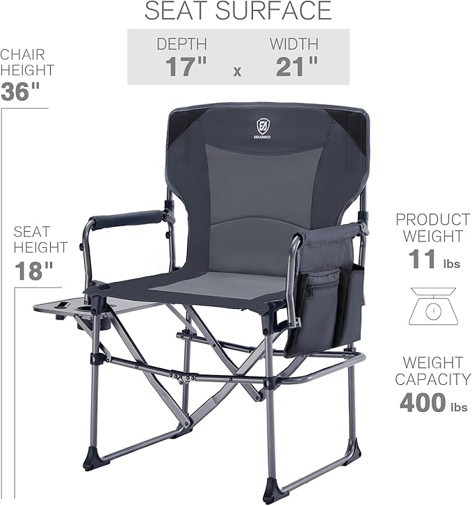 EVER ADVANCED Camping Directors' Chair with Side Table Portable Folding Chair with Compact Size Heavy Duty Lawn with Pocket for Camping Lawn Sports and Fishing 400lbs Grey