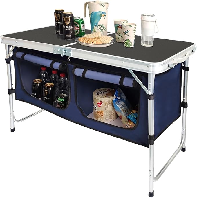 CampLand Outdoor Folding Table Aluminum Lightweight Height Adjustable with Storage Organizer for BBQ Party Camping