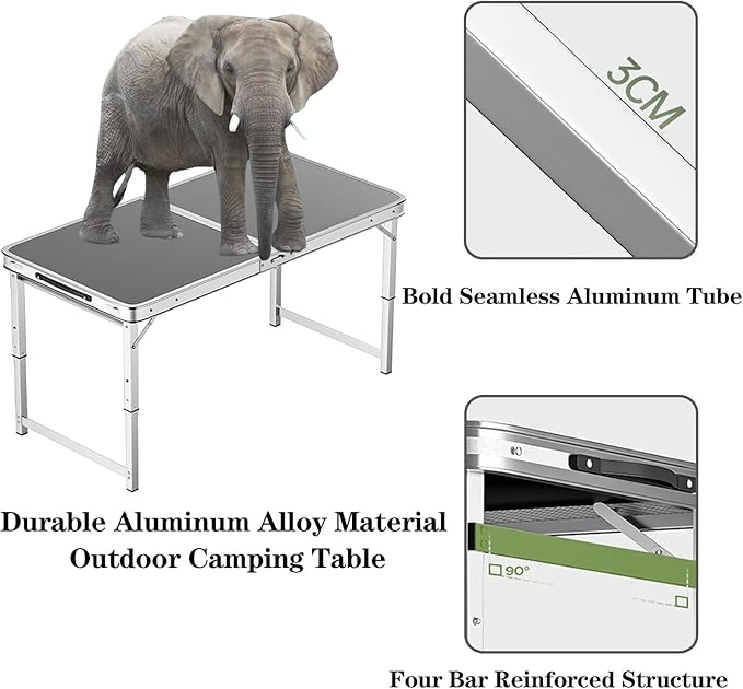 Adjustable Height Aluminum Folding Table Portable Outdoor Camping Table with Handle Compact 120X60Cm Picnic Dining Table Set with 4 Stools - Blue120X60Cm Bla150X60cm Gray