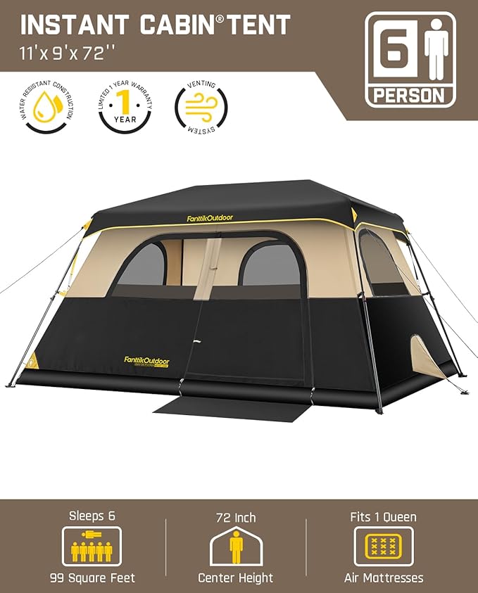 FanttikOutdoor Instant Cabin Tent 6/8/10/12 Person Camping Tent Setup in 60 Seconds with Rainfly &amp Windproof Portable with Carry Bag for Family Camping &amp Hiking Upgraded Ventilation Khaki