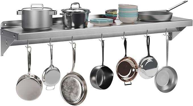 Stainless Steel Wall Shelf with Hooks - 12 x 48 Kitchen Storage Rack with Backsplash Metal Mount Organizer for Pots Pans Cookware for Home and Commercial Use NSF Certified