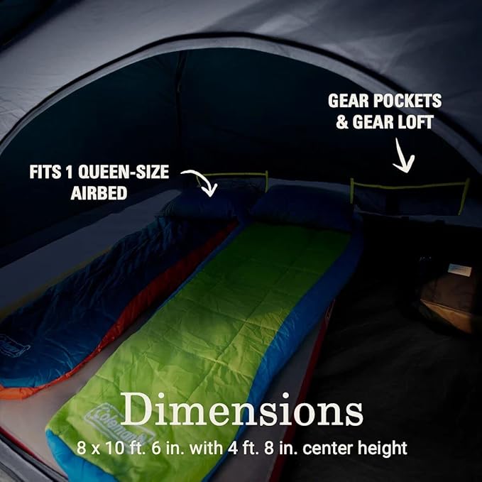 Coleman Skydome Dark Room Camping Tent with Screen Porch &amp 5-Minute Setup Weatherproof 4/6 Person Tent Blocks 90% of Sunlight Rainfly &amp Carry Bag Included Made of PFAS-Free Materials