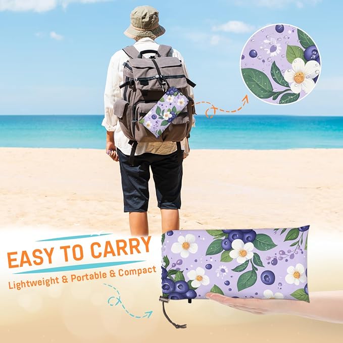 Waterproof Sandproof Beach Blanket 59''×68'' Blueberries Blossom Polyester Outdoor Picnic Blanket with 4 Stakes &amp Storage Bag for BeachCampingVacation Light Blue