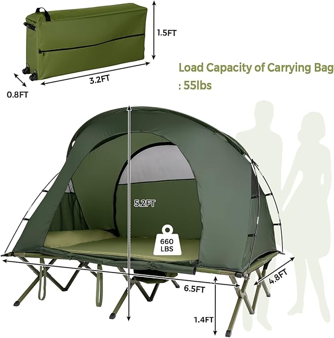 Tangkula 2-Person Tent Cot 4-in-1 Folding Tent with Waterproof Rainfly Self-Inflating Mattress &amp Roller Carrying Bag Portable Off Ground Elevated Tent with Shoe Storage Pocket &amp Lamp Hook