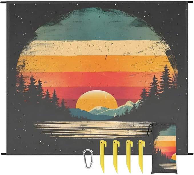 Mountain Beach Blanket Sandproof Beach Mat 68 x 59 Waterproof Quick Drying Sand Free Mat with 4 x Ground Spikes for Outdoor Travel Camping Hiking Cool