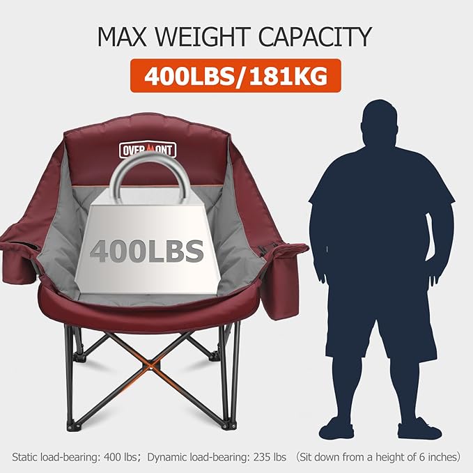Overmont Oversized XL Camping Chair for Adults - 400lbs Support Heavy-Duty Padded Folding Chair with Side Pocket Cup Holder Cooling Bag for Outdoor Sports Garden Beach Fishing Lawn Red 2pcs3