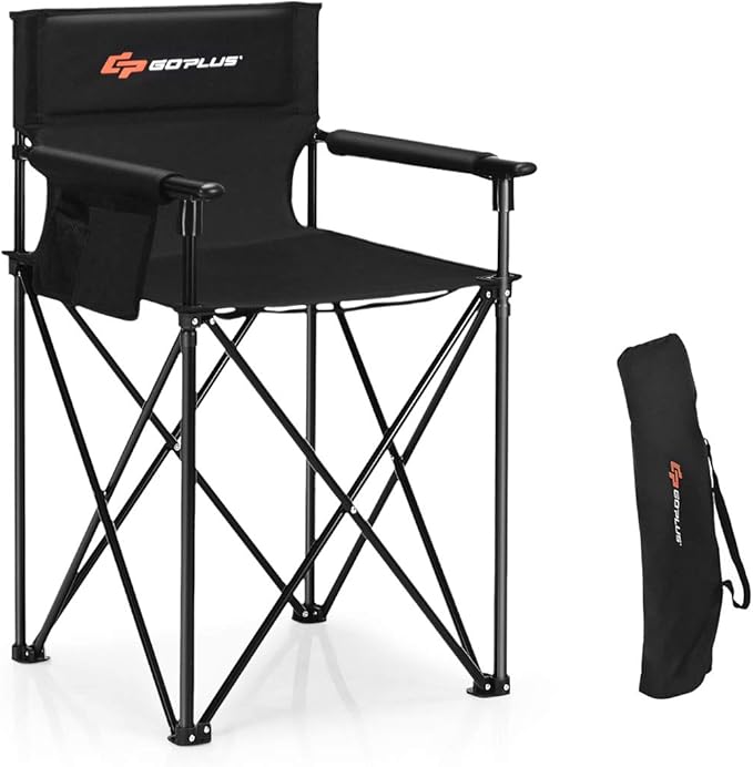 Goplus Folding Camping Chair Outdoor Portable Beach Chair Heightened Design w/Detachable Armrests Storage Pouches &amp Carrying Bag for Fishing Picnic Lawn (Black 250LBS Weight Capacity)