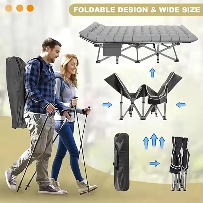 1200D Oxford Canvas Folding Camping Bed Adult Soft Foam Mat and Carrying Bag - Double Deck PortableOutdoor Folding Chair with MattressCamping Equipment (Black-660(with Disposable Sheet))