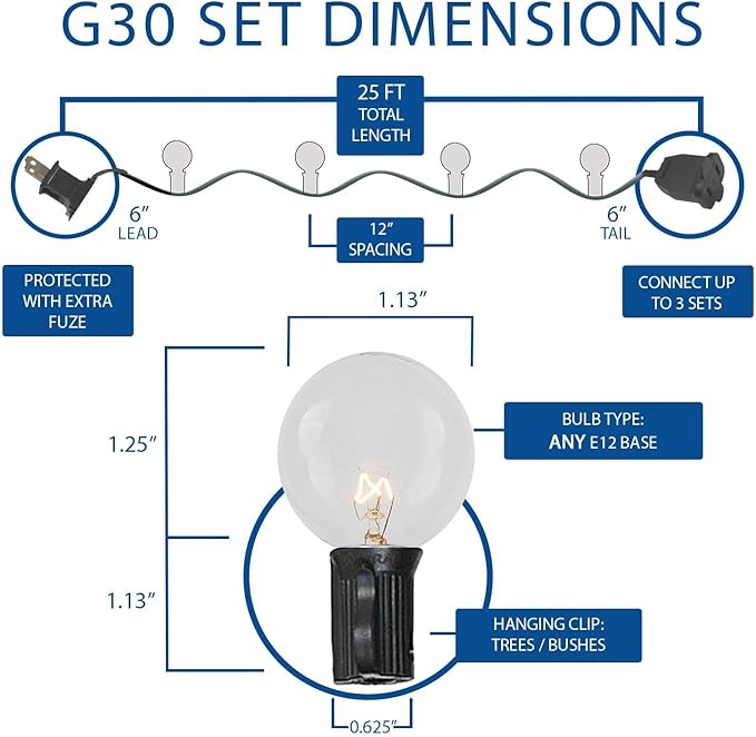 25 Foot G30 Outdoor Patio String Lights with 25 Multi Globe Bulbs – Indoor Outdoor String Lights – Market Bistro Café Hanging String Lights – C7/E12 Base - Green Wire
