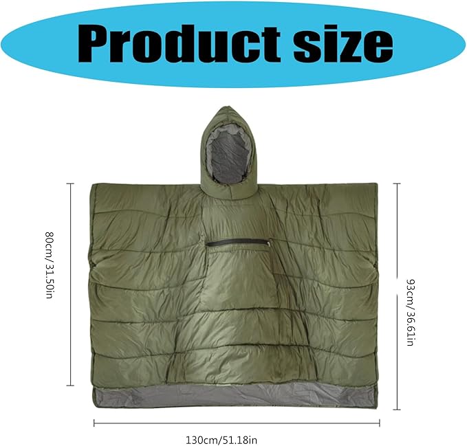 Portable Self-Folding Cotton Blanket Camping Warm Poncho Sleep Bag Outdoor Warm Wearable Cloak with Large Pockets