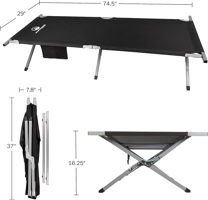 Camping Cot - Portable Folding Camp Bed - 600D Sleeping Cot for Adults with Steel Frame by Wakeman Outdoors (Black)