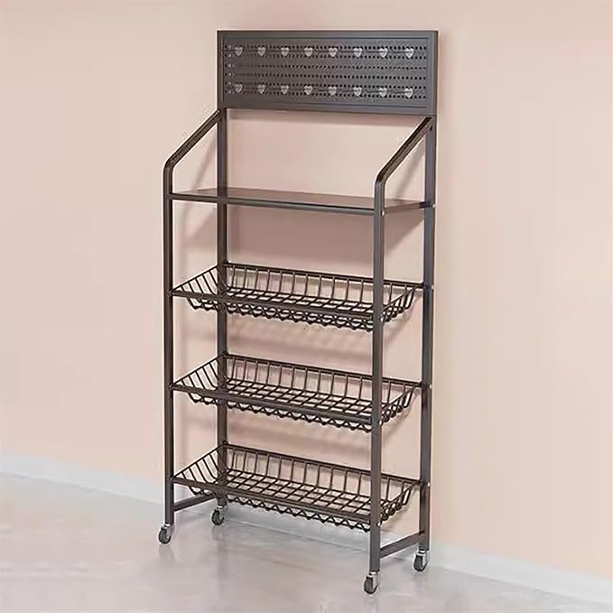 Supermarket Snacks Shelf with 15 Hooks &amp Wheels Large-Capacity Commercial Concession Stand for Drinks/Can/Toys/Candy Display Easy to AssembleBlack-4-Layer 60x27x142cm