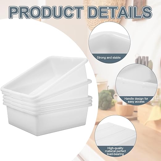 6 Pcs Commercial Bus Tubs 21.1 L x 16.9 w x 6.6 h Large Plastic Tubs Heavy Duty Wash Basin Tote Box for Restaurant Home Hotel Kitchen Organization Storage(White)