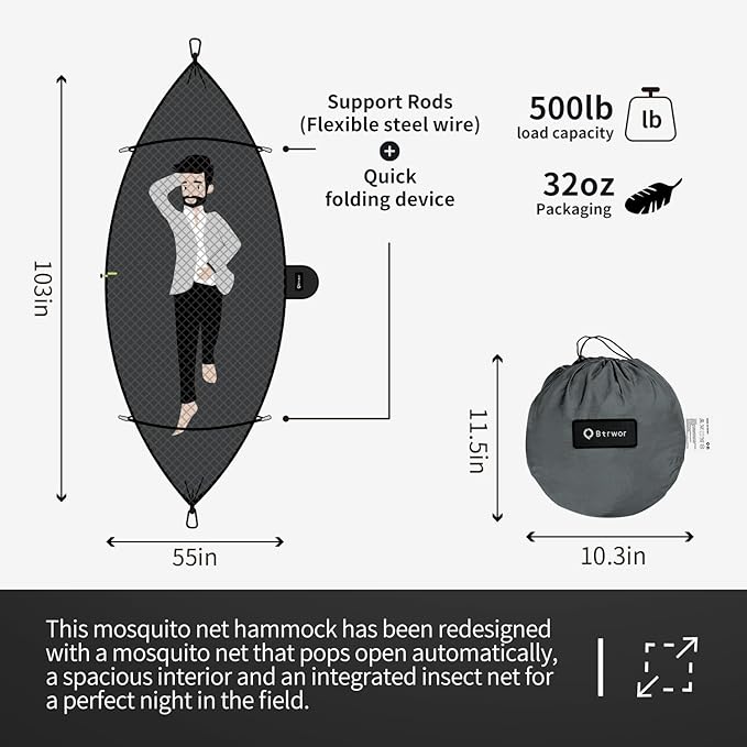 Hammock with Mosquito Net - Lightweight Portable 1 Person Hammock - for Camping Hiking Backpacking Travel a Festival or The Beach