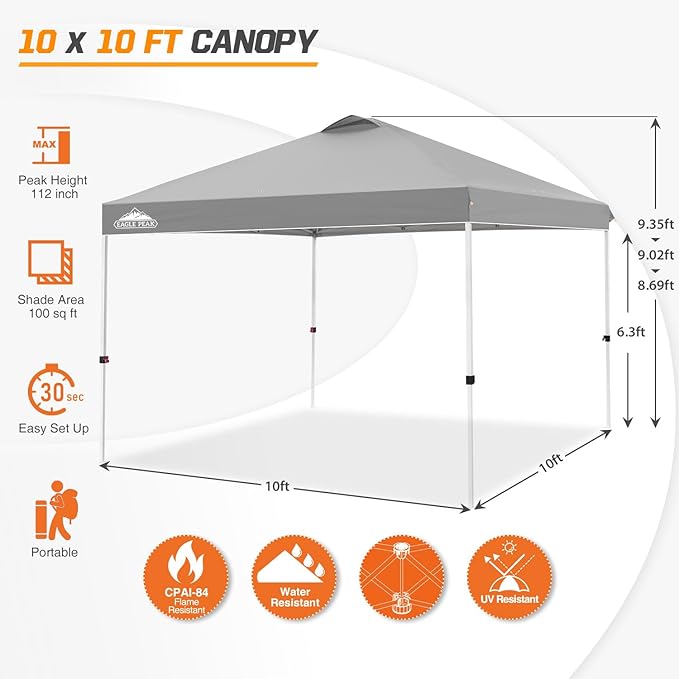 EAGLE PEAK Pop Up Canopy Tent with Wheeled Carry Bag 8 Stakes 4 Ropes 4 Weight Bags Easy Set Up Tent Canopy 10x10 ft 100sqft of Shade Light Gray
