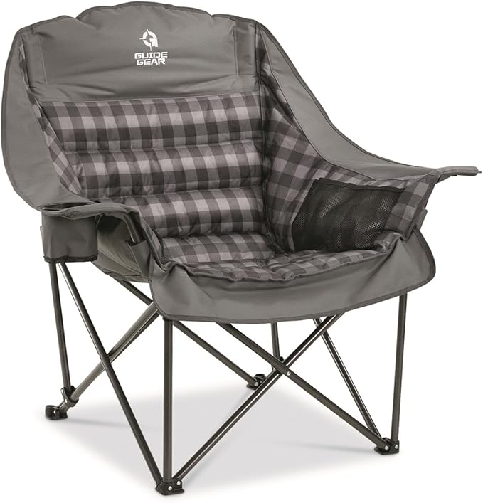 Guide Gear Oversized Extra Large Padded Camping Chair Portable Folding Large Camp Lounge Beach Chairs for Outdoor Adults Men and Women Heavy-Duty 400 Pound Capacity with Cup Holder Gray Plaid