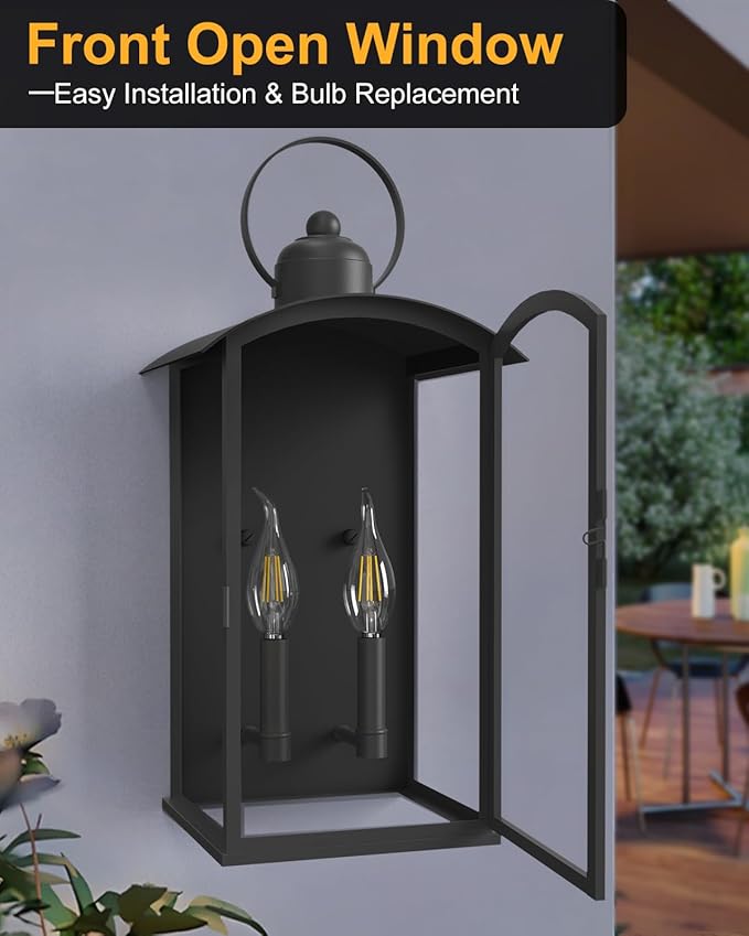 𝟏𝟗.𝟕-𝐈𝐍𝐂𝐇 Outdoor Wall Light Fixtures Dusk to Dawn Exterior Lanterns Waterproof Large Porch Sconces Wall Mounted Lighting Modern Matte Black Front Open Window Wall Lamps for Patio
