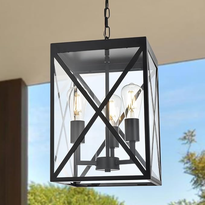 TODOLUZ Large Outdoor Porch Light Adjustable Chain 3-Lights Modern Outdoor Pendant Lighting in Matte Black Finish Outside Ceiling Mount Lamp for House Front Door Porch Patio Entryway