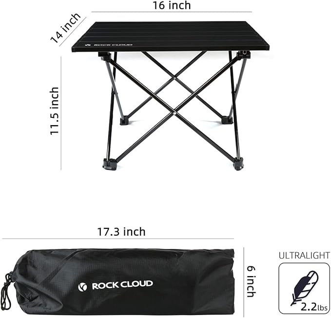 ROCK CLOUD Portable Camping Table Ultralight Aluminum Folding Beach Table Camp for Camping Hiking Backpacking Outdoor Picnic Black