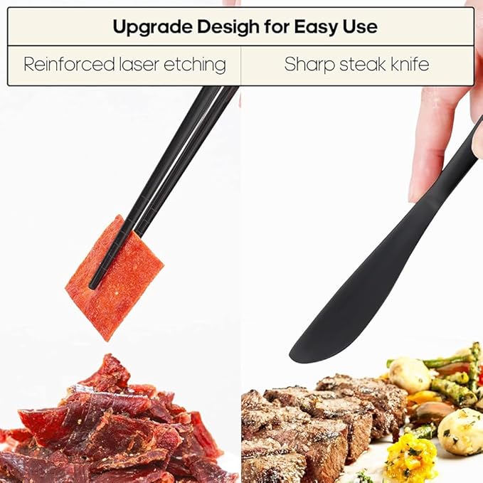 24 Pieces for 6 Persons Chopsticks and Forks Set Silverware Set Kitchen Utensils Set Cutlery Set Flatware Set Dishwasher Safe Mirror Effect for Picnic Camping Barbecue Black