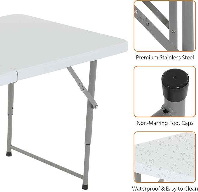 Portable Folding Table - 4 Foot White Plastic Camp Table with Steel Legs &amp Built-in Handle