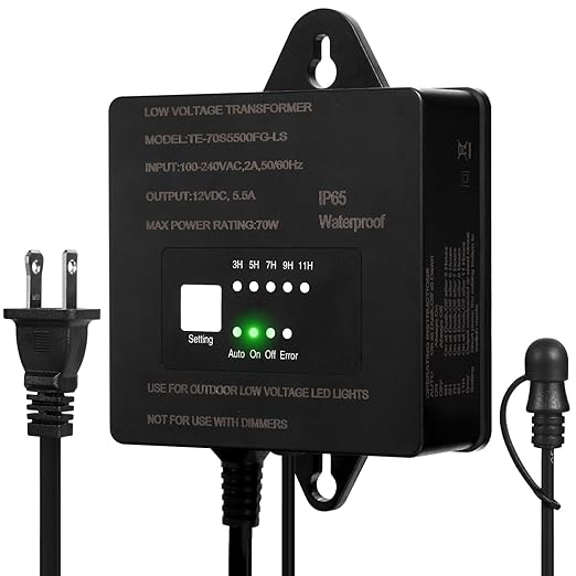 70W Low Voltage Landscape Transformer with Timer and Photocell AC 120V to 12V DCWaterproof Outdoor Landscape Lighting Transformer for Landscape SpotLights Pathway Lights